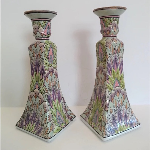 Vintage Chinoiserie Candle Holders Pastel Textured Boho Decor - Picture 2 of 8